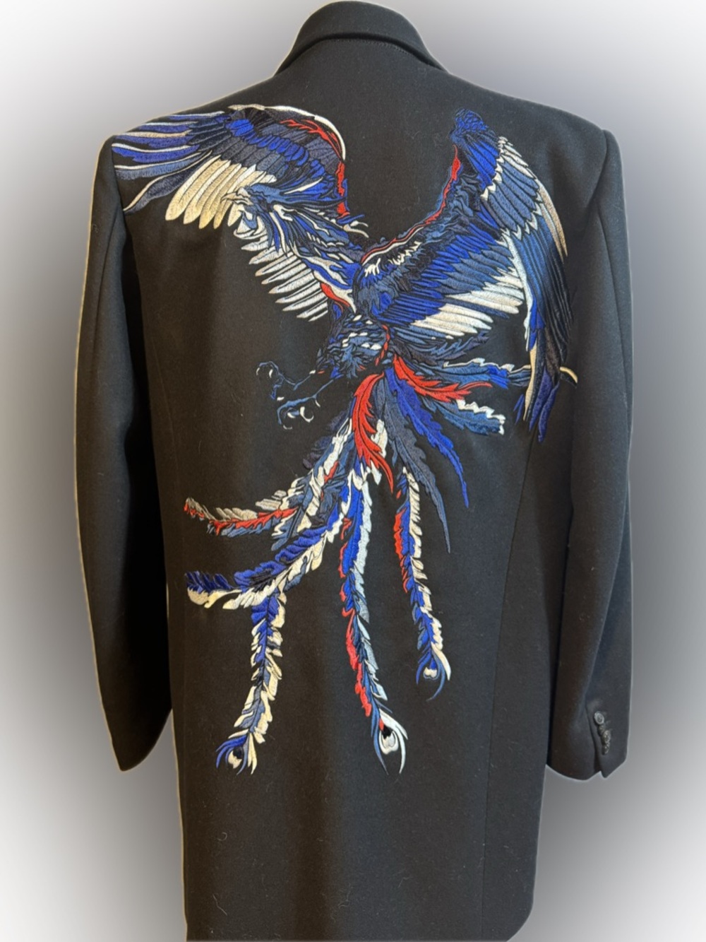 Diesel Black Jacket with Large Embroidered Eagle in Blue, Red & White.  Size L